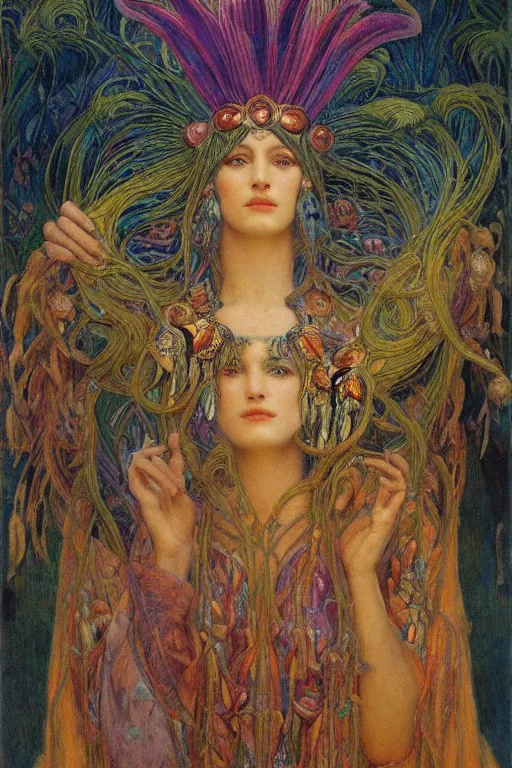 Image similar to queen of spring, by jean delville and Gaston Bussière and Tino Rodriguez and Diego Rivera , elaborate headdress and embroidered velvet, iridescent beetles, rich color, dramatic cinematic lighting, extremely detailed