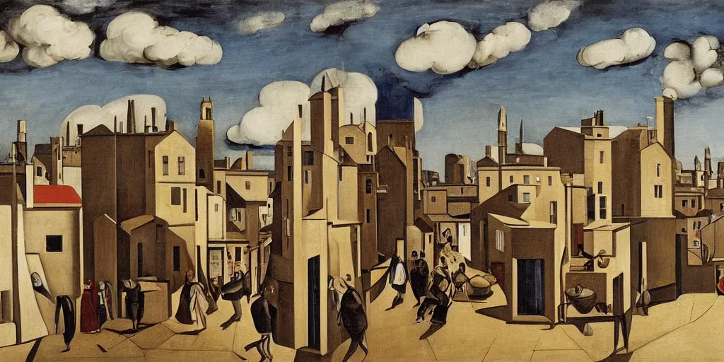 Image similar to a painting of street life in kirkwall, orkney, people,houses, by Giorgio de Chirico