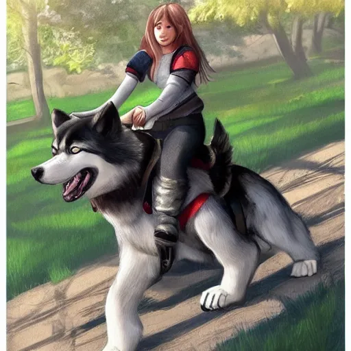 Image similar to girl riding a giant husky in the park, trending on artstation