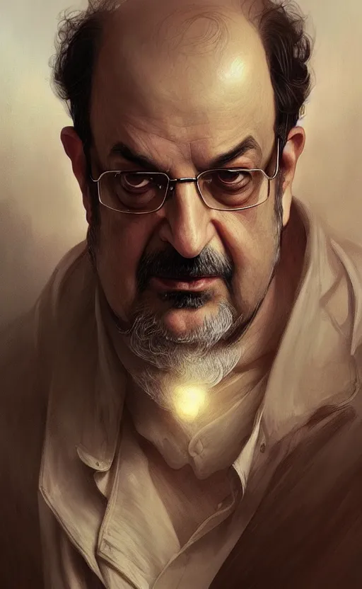 Prompt: portrait of salman rushdie, deep focus, d & d, fantasy, intricate, elegant, highly detailed, digital painting, artstation, concept art, matte, sharp focus, illustration, art by artgerm and greg rutkowski and alphonse mucha