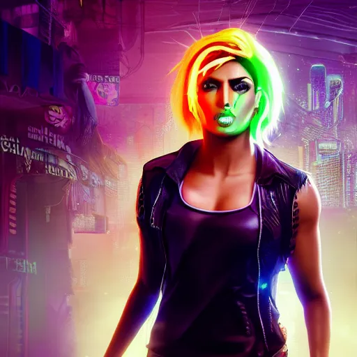 Prompt: Priyanka Chopra, neon face tattoo, cyberpunk background, straight hairstyle, white eyes, blonde hair, realistic render, short hair, unreal engine render, Icaro Carvalho