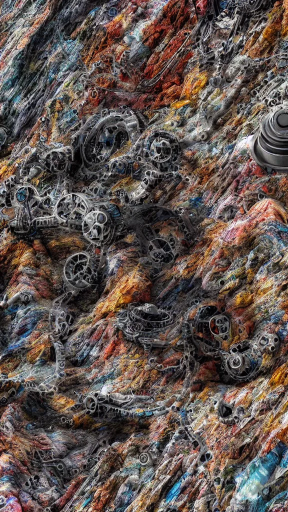 Image similar to ultra realistic macro photography of the giant magical machine embedded within the mountain, colourful sedimentary and igneous rock and marble, rock textures industrial machinery, factory machines, pistons, pipes and valves, super conducters, circuitry. 8k 3D geology