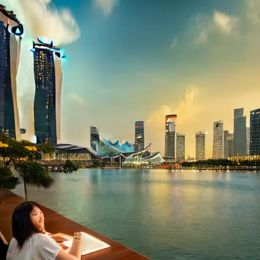 Image similar to Singapore Esplanade Marina Bay city with a lion-shaped cloud in the sky, by greg rutkowski, red and white lighting, digital art, ultra realistic, ultra detailed, photorealistic, 4k, character concept