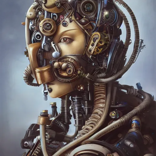 Image similar to portrait painting of a steampunk cyborg mother, transhumanism, ultra realistic, concept art, studio ghibli, intricate details, eerie highly detailed