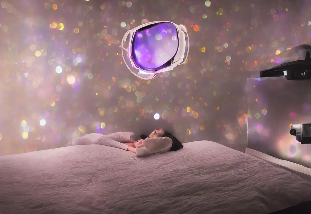 Prompt: 3 d dream popping out of curved movie screen, volumetric lighting, bedroom, visor, sleeping, pair of keycards on table, bokeh, creterion collection, shot on 7 0 mm, instax