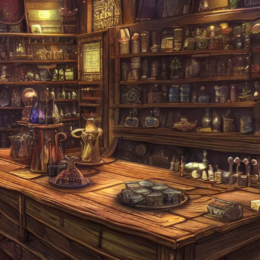 Prompt: inside a magical item shop, fantasy potion vendor interior, ufotable studio art style, wide angle, gothic interior, very detailed, photorealistic, 8k, wow look at this detail