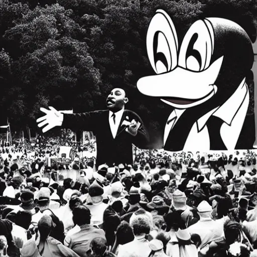 Image similar to martin luther king jr. and donald duck giving a speech in front of a huge audience, in a park. digital art