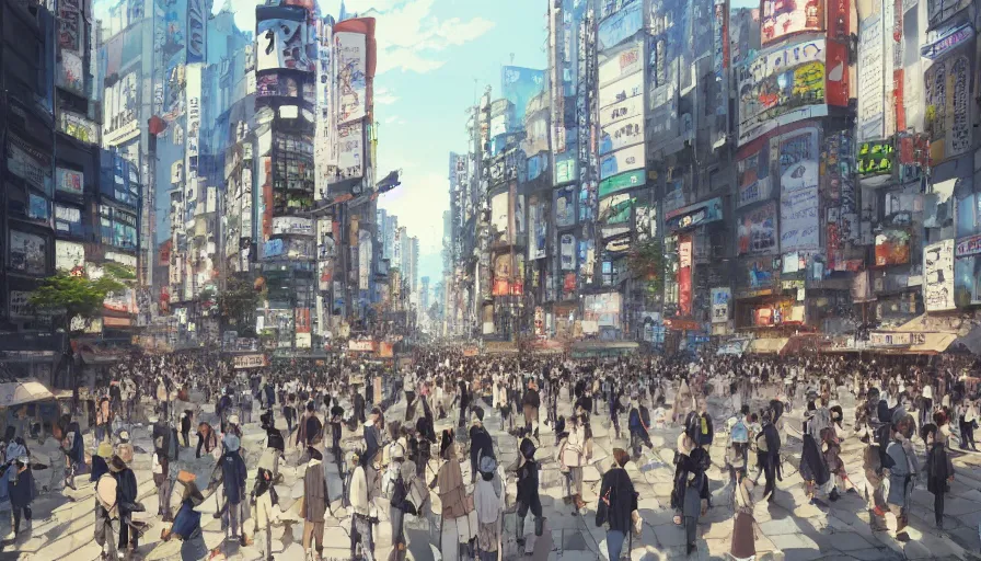 Image similar to shibuya tokyo on a beautiful day, trending on pixiv fanbox, painted by greg rutkowski makoto shinkai takashi takeuchi studio ghibli