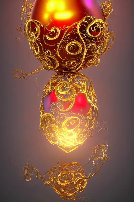 Image similar to a detailed glowing egg with swirls of red and blue emerging from the blossom of a metallic gold flower with tendrils of gold wrapping around the egg, an egg sitting on a rose made out of silver and gold, fantasy concept art, unreal engine 5, volumetric lighting, trending on artstation