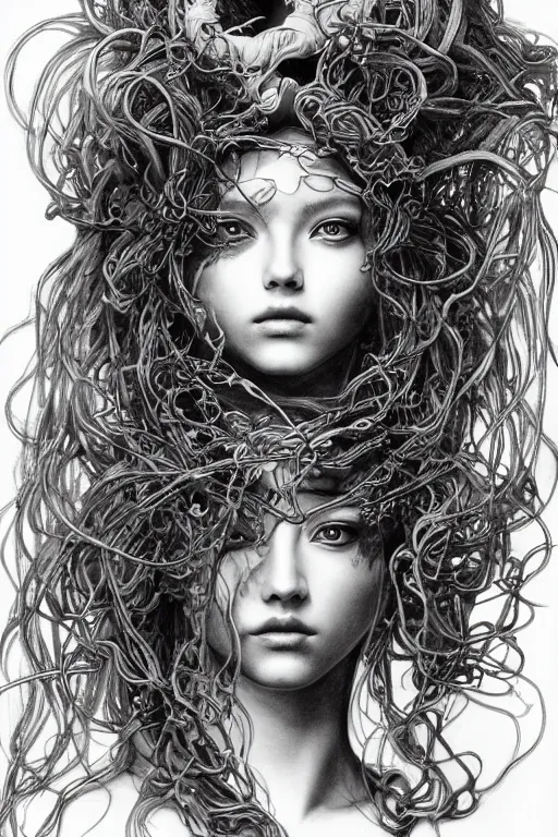 Prompt: Portrait of Medusa, pen and ink, intricate line drawings, by Yoshitaka Amano, Ruan Jia, Kentaro Miura, Artgerm