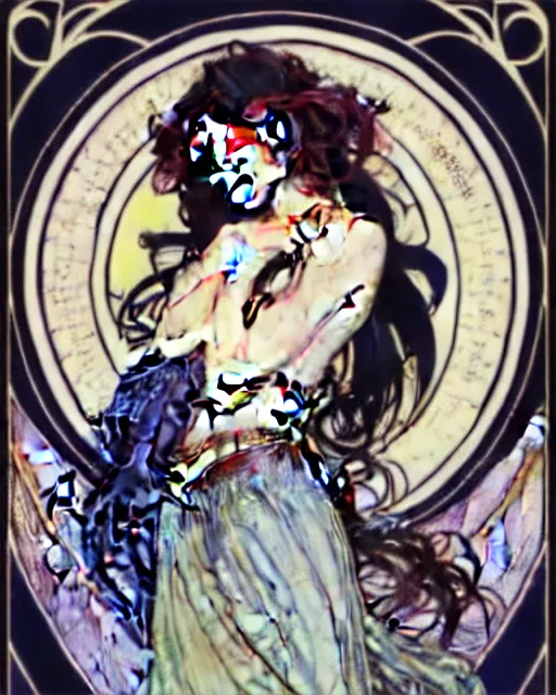 Image similar to in the style of artgerm, arthur rackham, alphonse mucha, phoebe tonkin, symmetrical eyes, symmetrical face, flowing blue skirt, full entire body, hair blowing, intricate filagree, hidden hands, warm colors, cool offset colors