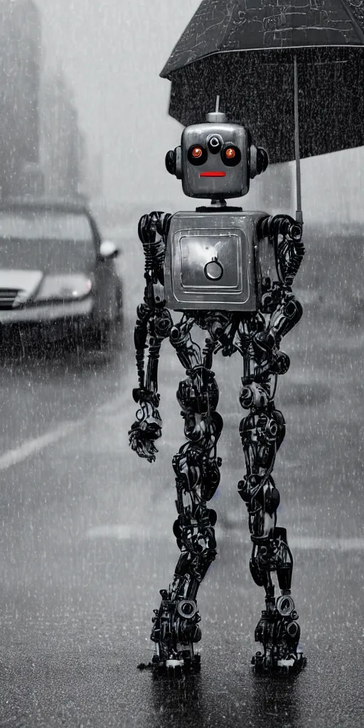 Image similar to robot on the road, city, photo, rain,