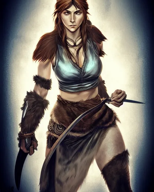 Image similar to Aela the Huntress from Skyrim || yakuza, tattoos, cute-fine-face, pretty face, realistic shaded Perfect face, fine details. Anime. realistic shaded lighting poster by Artgerm and Sakimichan