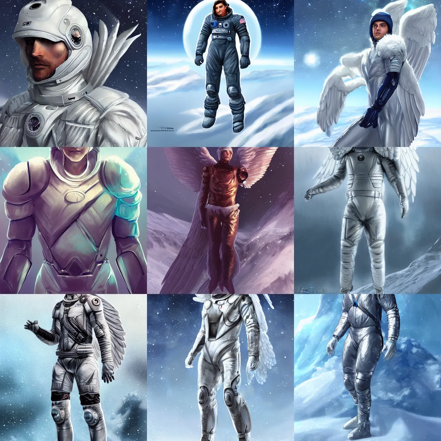 Prompt: a majestic male human eagle hybrid, winged human, spacesuit, android, winter, snow and ice, pixiv, by Artgerm, sci-fi concept art