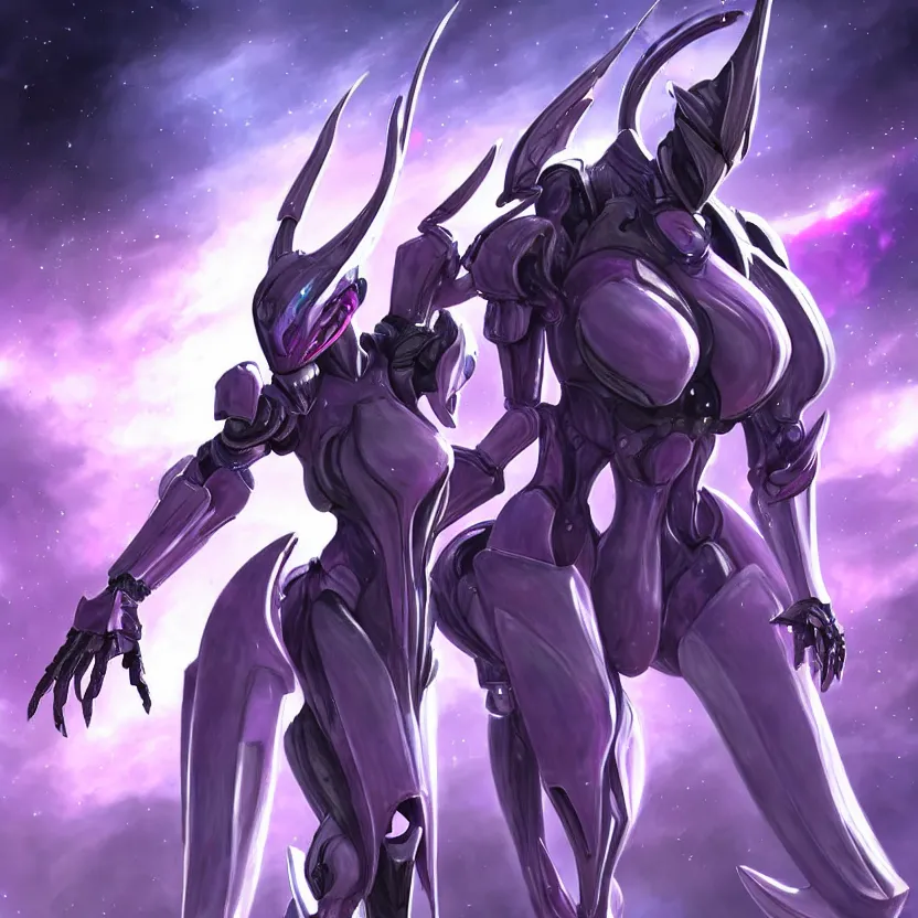 Image similar to cinematic front shot, cosmic sized proportional stunning beautiful hot female warframe, detailed robot mecha female dragon head, metal ears purple eyes, sleek silver armor, fuschia skin, floating in empty space, nebula sized, posing elegantly, epic proportions, epic size, epic scale, furry art, dragon art, giantess art, warframe fanart, furaffinity, deviantart