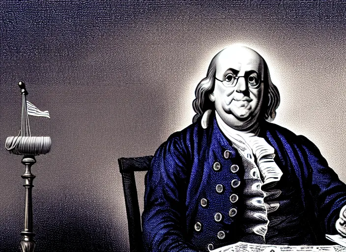 Prompt: Benjamin Franklin looking at U.S. Constitution on fire,Judge's Gavel,Smoke,Fog Mads Berg, Karolis Strautniekas,stippled light, dramatic lighting,fine texutre, editorial illustration,matte print, film noir, dark blue+dark red+orange+beige+blue+white,dynamic composition,moody