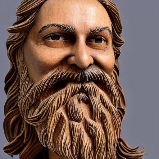 Image similar to a flawless, purely wood sculpture of a man with long hair, with trimmed beard, smiling widely. wood statue, extremely detailed, award-winning art, trending on Artstation