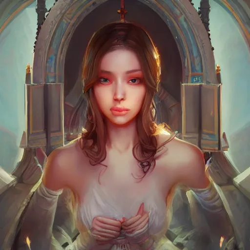 Image similar to Art station concept of a beautiful girl kneeling in front of a religious shrine, Hypnosis, Trance, symmetrical face, smooth body features, by Stanley Artgerm Lau, WLOP, Rossdraws, James Jean, Andrei Riabovitchev, Marc Simonetti, and Sakimichan, trending on artstation