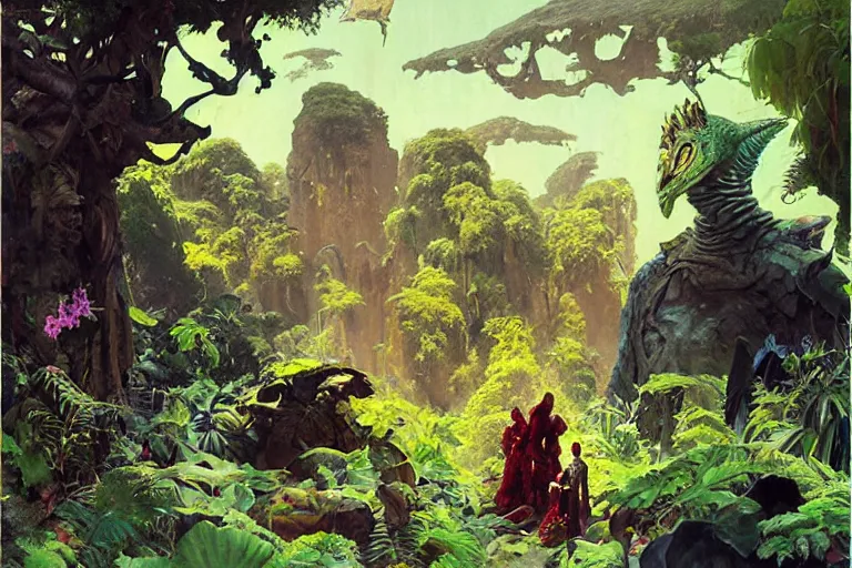 Image similar to pulp scifi illustration, elegant woman meets lizard alien in beautiful garden, flowers, baobab trees, distant town in valley and hills, spacehip lands, by norman rockwell, jack kirby, john berkey, bergey, craig mullins, ruan jia, raymond swanland, jeremy mann, beksinski, tom lovell, alex malveda, schomburg