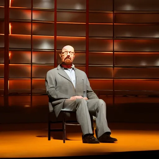 Image similar to walter white doing a ted talk, wide shot, high resolution, editorial