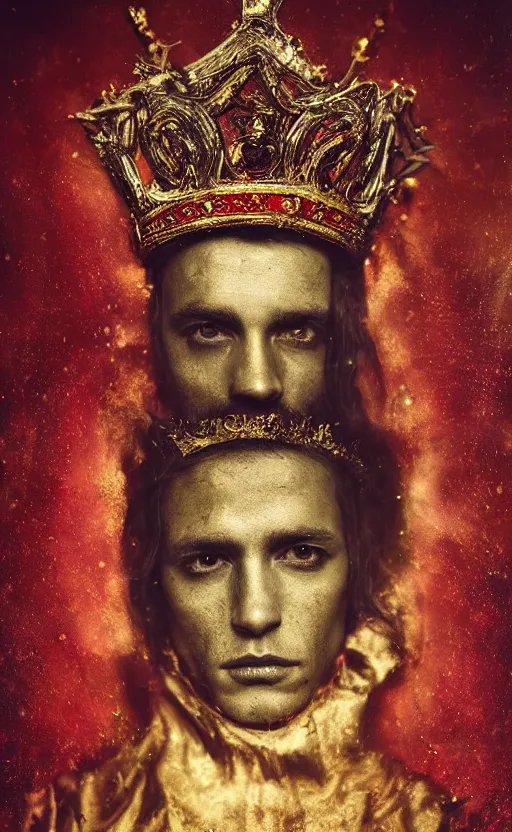 Image similar to 'Portrait of Crowned King Arthur' by Lee Jeffries royally decorated, whirling plasma, atmospheric motes, red and gold Sumptuous garb, gilt silk fabric, radiant colors, fantasy, perfect lighting, studio lit, micro details,