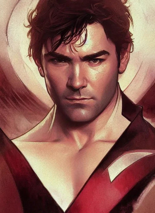 Image similar to antony starr. he is dressed as a superhero. clean elegant painting, beautiful detailed face. by artgerm and greg rutkowski and alphonse mucha