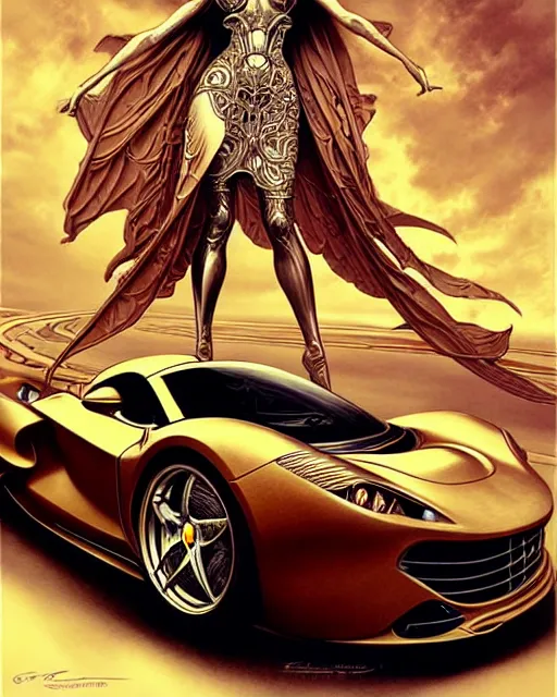 Image similar to Art nouveau Ferarri car, in the shape of a woman, fantasy, intricate mechanical designs, elegant, highly detailed, sharp focus, art by Artgerm and Greg Rutkowski and WLOP