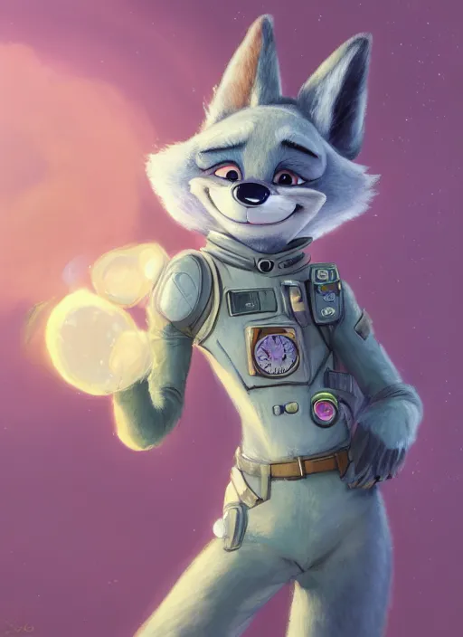 Prompt: oil painting detailed full body of anthromorphic female wolf, in style of zootopia, zootopia, zootopia, fursona, furry, furaffinity, 4 k, deviantart, furry art, fursona art, wearing astronaut outfit, in style of zootopia, wolf fursona, cyberpunk, female, expressive, detailed feminine face,