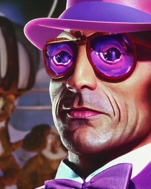 Image similar to Film still close-up shot of Dwayne Johnson as Willy Wonka from the movie Willy Wonka & The Chocolate Factory. Photographic, photography