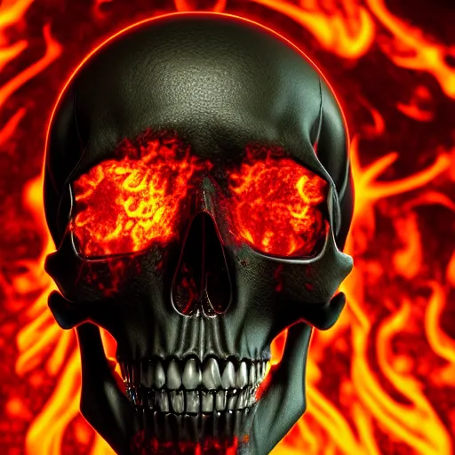 Image similar to a highly detailed human skull with intricate designs on fire in front of a glowing red background, 3 d, fire through eyes, octane render, symmetrical, hyper realism, highly detailed, digital art, artstation, concept art, cinematic lighting, strong bokeh, trending