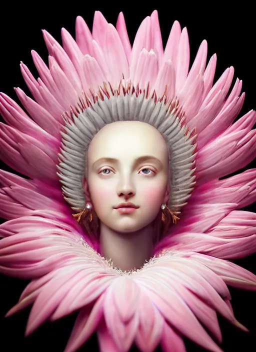 Prompt: stunning american godess princess, detailed pink and white protea head peace against a black backdrop by ivan aivazovsky, wlop, super sharp details, photorealism, canon 5 d, 5 0 mm lens, stunning photoshot, beautiful soft lighting, muted colours, artstation