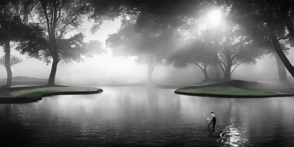 Prompt: a great photograph of the most amazing golf hole in the world, perfect light, under water, ambient light, 5 0 mm, golf digest, top 1 0 0, fog