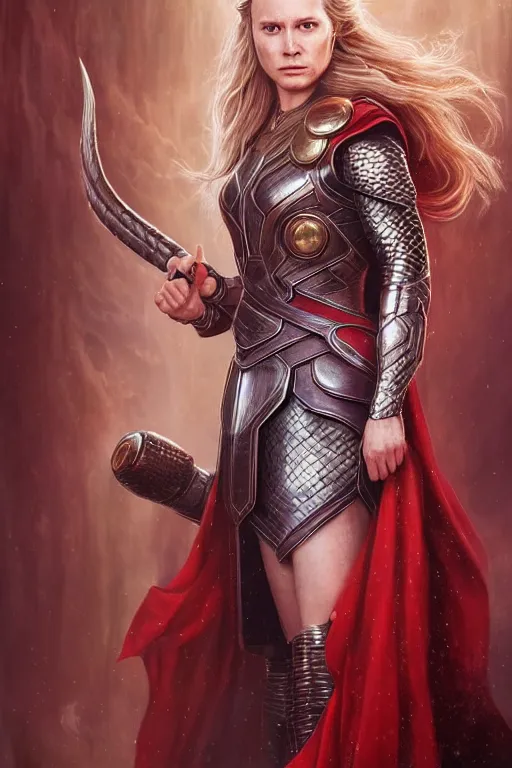 Prompt: Majestic and regal portrait of a female Thor, Marvel universe, Perfect face, beautiful, intricate, epic, elegant, menacing, fantasy, highly detailed, digital painting, hard focus, beautiful volumetric lighting, epic light, ultra detailed, by Leesha Hannigan, Ross Tran, Thierry Doizon, Kai Carpenter, Ignacio Fernández Ríos