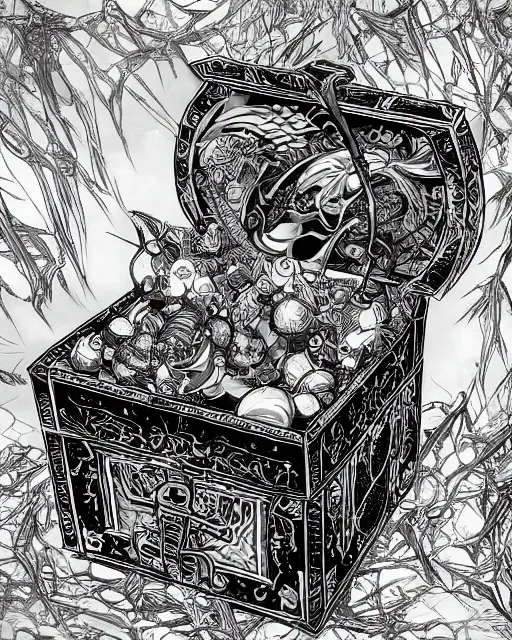 Image similar to a closed treasure chest, black and white, fantasy art, object art, in the style of masami kurumada, illustration, epic, fantasy, intricate, hyper detailed, artstation, concept art, smooth, sharp focus, ray tracing