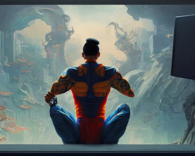 Image similar to an insanely detailed painting of a asian man wearing a superhero costume, sitting at a desk, staring at the nervously at the computer and typing, in the style of peter mohrbacher, dramatic lighting and composition, surreal background, octane render, pixar, trending on artstation, concept art, comic book, view from behind