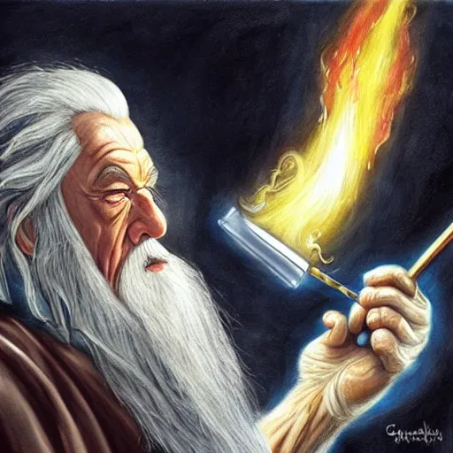 Prompt: photorealistic painting of Gandalf the Grey taking a fat hit off a bong