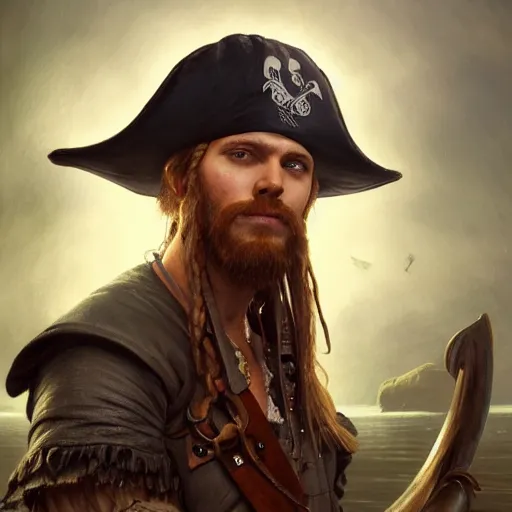 Image similar to portrait of a young pirate, 30 years old, male, ruggedly handsome, masculine, upper body, red hair, long hair, D&D, fantasy, intricate, elegant, highly detailed, cinematic lighting, digital painting, artstation, concept art, cutscene, sharp focus, illustration, art by Artgerm and Greg Rutkowski and Alphonse Mucha