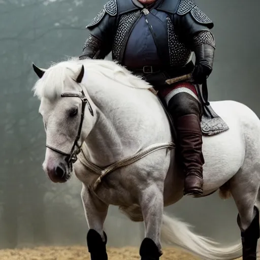 Image similar to fat version of donald trump riding a horse as geralt of rivia from the witcher movie, dramatic film still, details, sigma 7 5 mm, 4 k