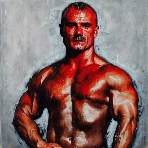 Image similar to Portrait of Mariusz Pudzianowski in the style of Disco Elysium, painting by Jenny Saville and Pavlo Guba, black and red monochromatic