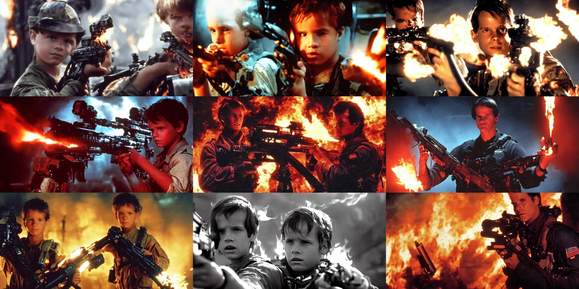 Prompt: Portrait of Colonial Marine Hudson (young Bill Paxton) holding a M41A pulse rifle, darkness and flames, dramatic lighting , film still from Aliens by James Cameron