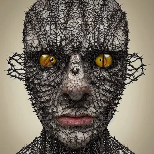 Image similar to a human face made of different spiders, detailed, creepy, scary