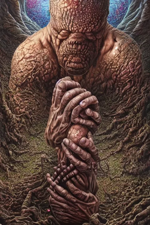 Image similar to a man whose arm is covered in painful alien bug eggs. art by tomasz alen kopera and glenn fabry.