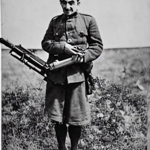 Image similar to old wartime photograph of mr. bean holding a lewis gun, 1 9 1 7
