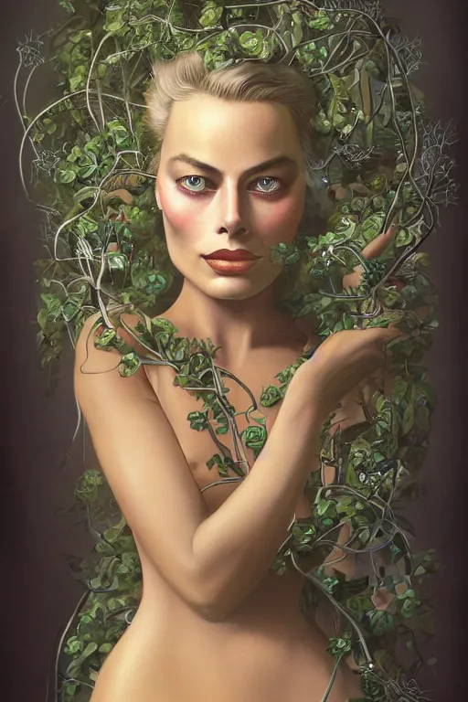 Image similar to a beautiful ultradetailed vintage photo of margot robbie as a cybernetic cyborg, by tom bagshaw and natalie shau, portrait, vignette, 3 5 mm lens, golden ratio composition, detailed faces, studio photography, very detailed, robot overgrown with flowery vines, artstation, 8 k, highly coherent