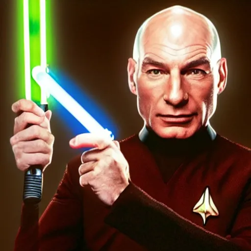 Prompt: captain jean luc picard wielding a lightsaber