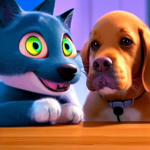 Image similar to a dog and a cat doing crimes, pixar, 8k