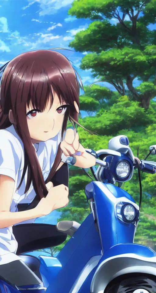 Image similar to close up of a high definition anime girl in a blue honda c90 with armenia quindio in the background , Artwork by Makoto Shinkai, pixiv, 8k, official media, wallpaper, hd