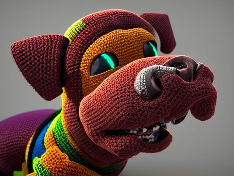 Image similar to multicolored crocheted cyborg dog, rpg reference, oil painting, trending on artstation, octane render, insanely detailed, 8 k, hd