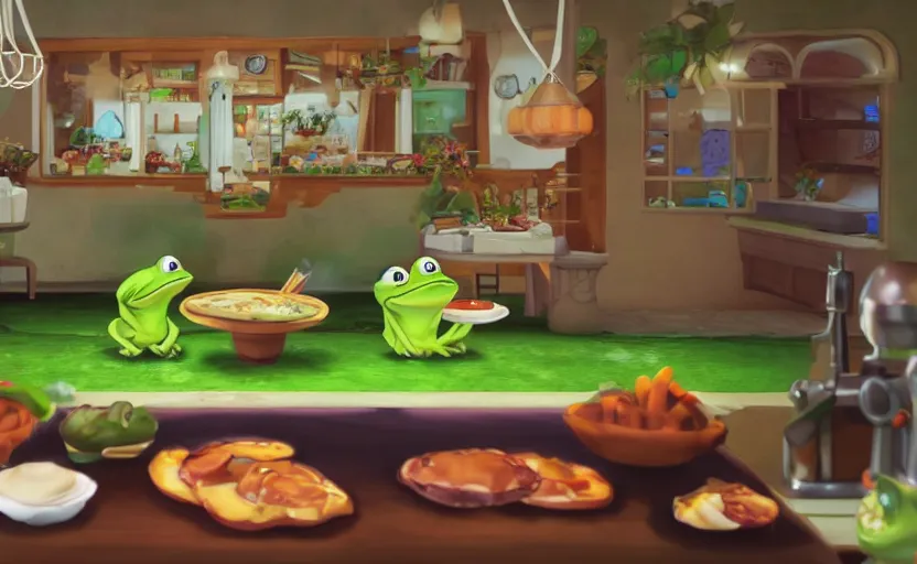 Image similar to ps 4 game about a cute frog chef in italy, unity screenshot,