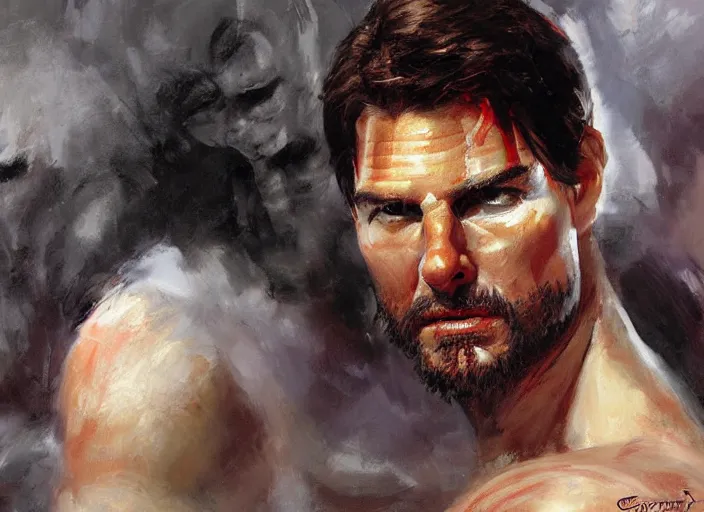 Prompt: a highly detailed beautiful portrait of tom cruise as kratos, by gregory manchess, james gurney, james jean
